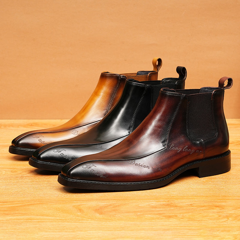 Men's Calligraphy Script Pointed Leather Chelsea Boots