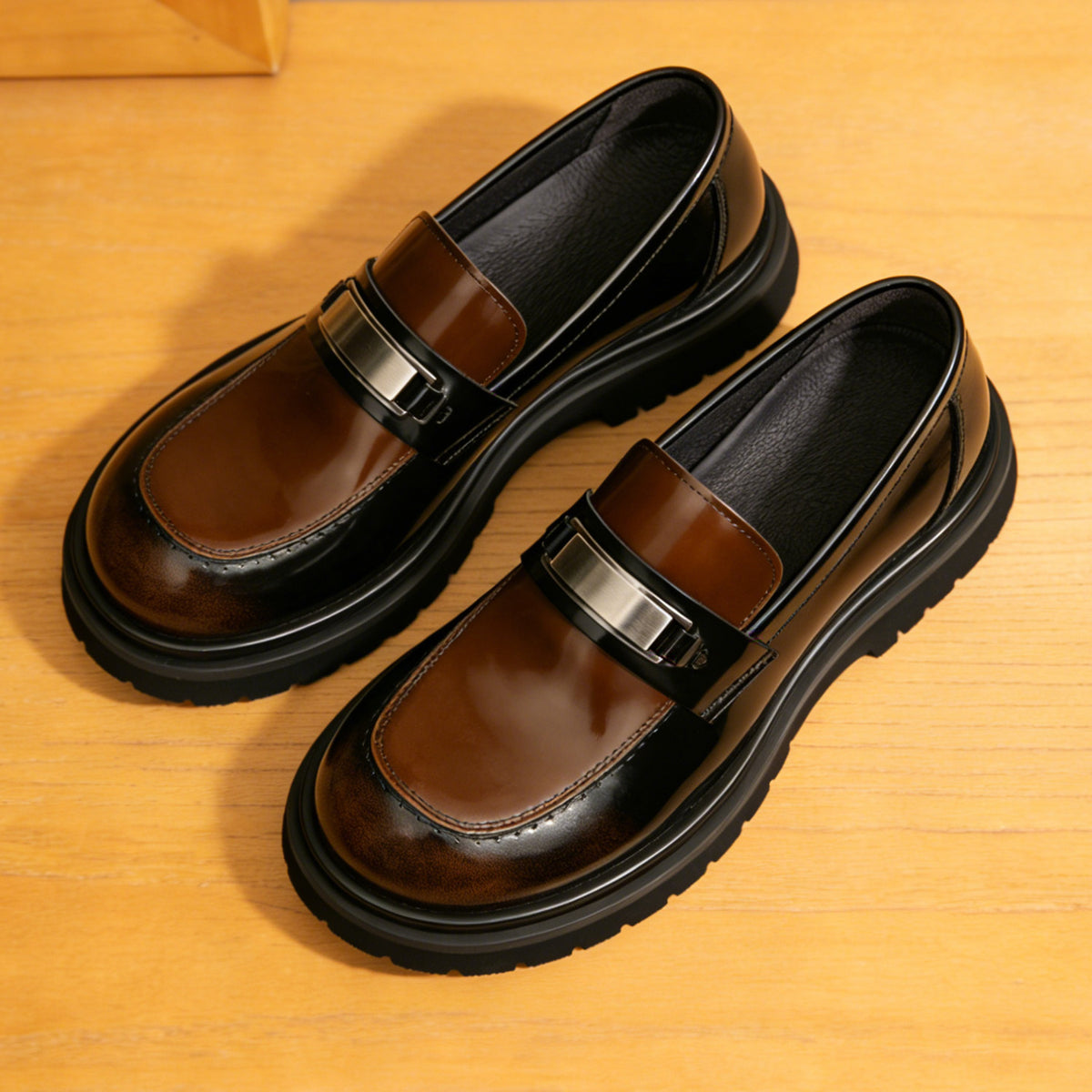 Men's Polished Round Toe Platform Leather Dress Loafers