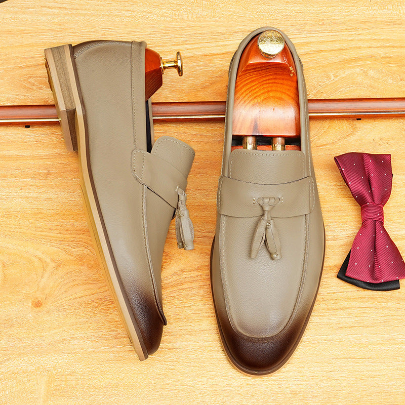 Men's Black Gray Pointed Toe Tassel Leather Loafers