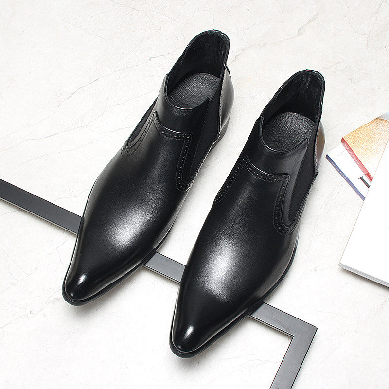 Men's black leather Chelsea dress boots, pair view, slip-on with elastic side gores