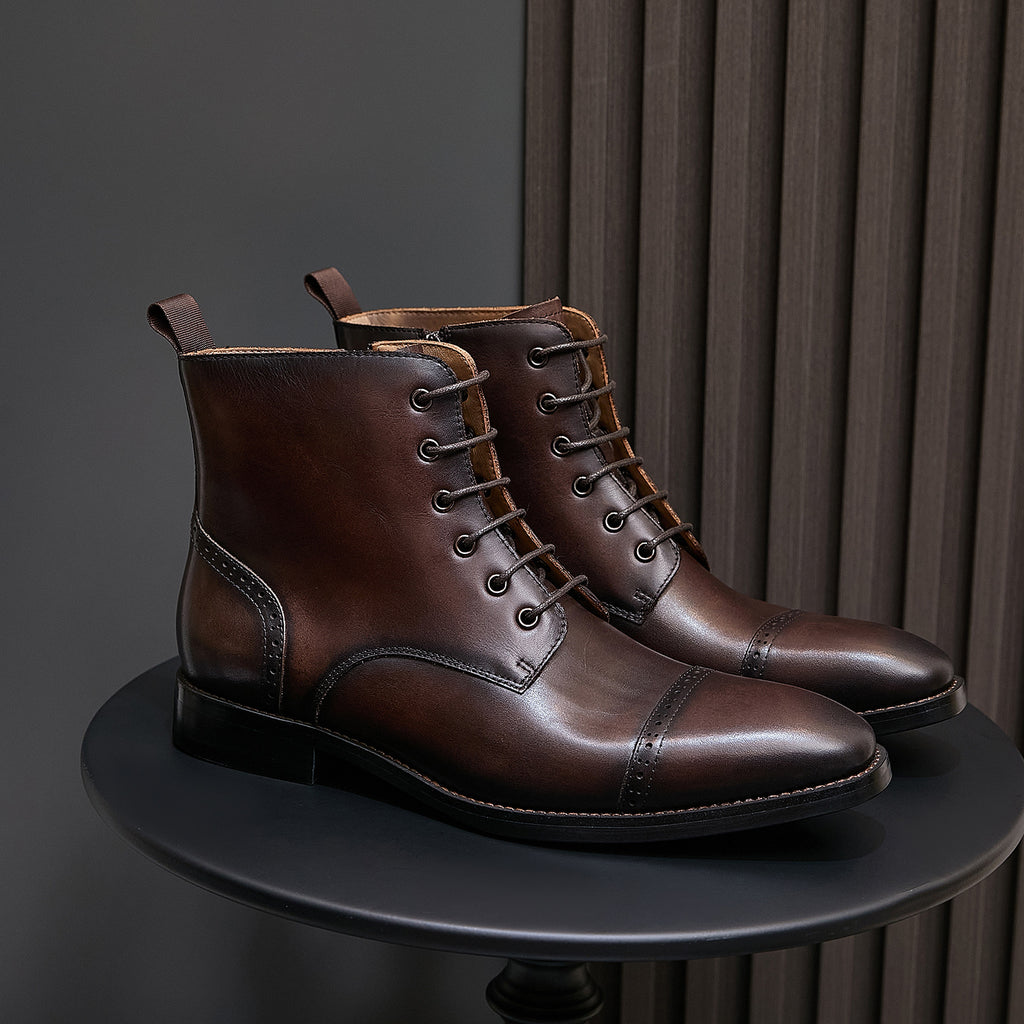 Men's pointed-cap-toe leather dress boots, brown, lace-up ankle boots pair
