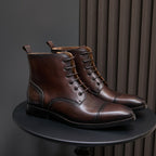 Men's pointed-cap-toe leather dress boots, brown, lace-up ankle boots pair