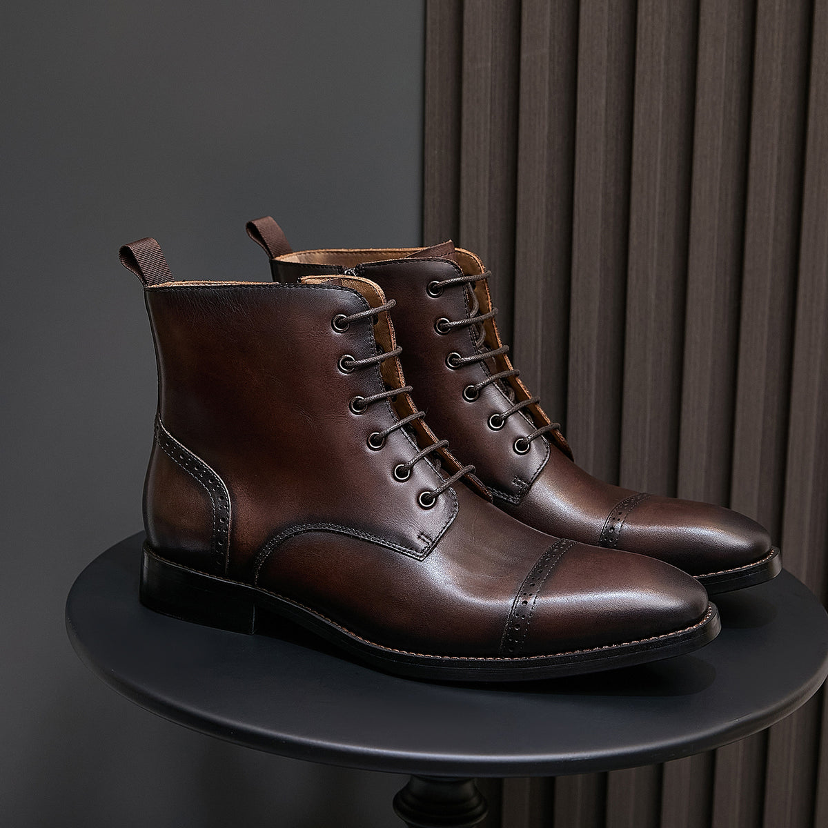 Men's pointed-cap-toe leather dress boots, brown, lace-up ankle boots pair
