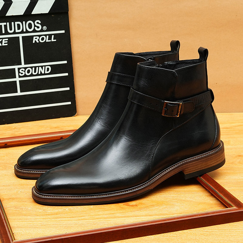 Men's Pointed Toe Buckle Leather Side-Zip Dress Boots