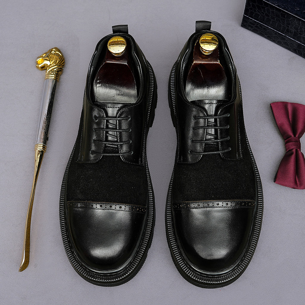 Black leather lace-up wingtip brogue oxfords with chunky lug sole