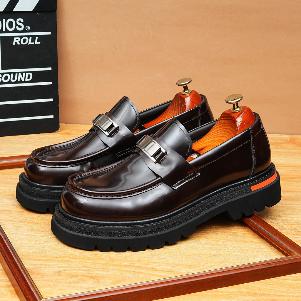 Men's Round Toe Chunky Sole Slip-On Leather Loafers