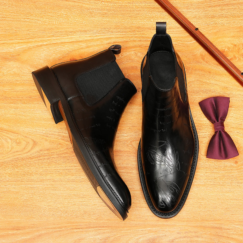 Men's Letter Engraved Pointed Toe Leather Chelsea Boots