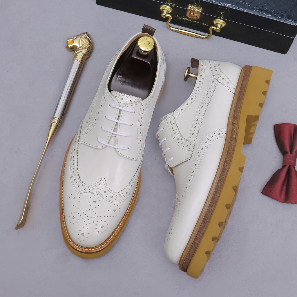 Men's leather derby dress shoes, white with perforated toe; side view