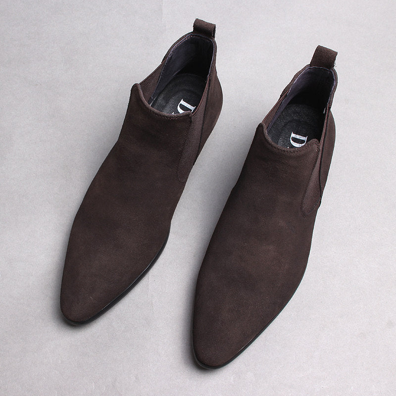 Men's genuine leather slip-on Chelsea dress boots, dark brown, elastic side panels
