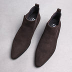 Men's genuine leather slip-on Chelsea dress boots, dark brown, elastic side panels