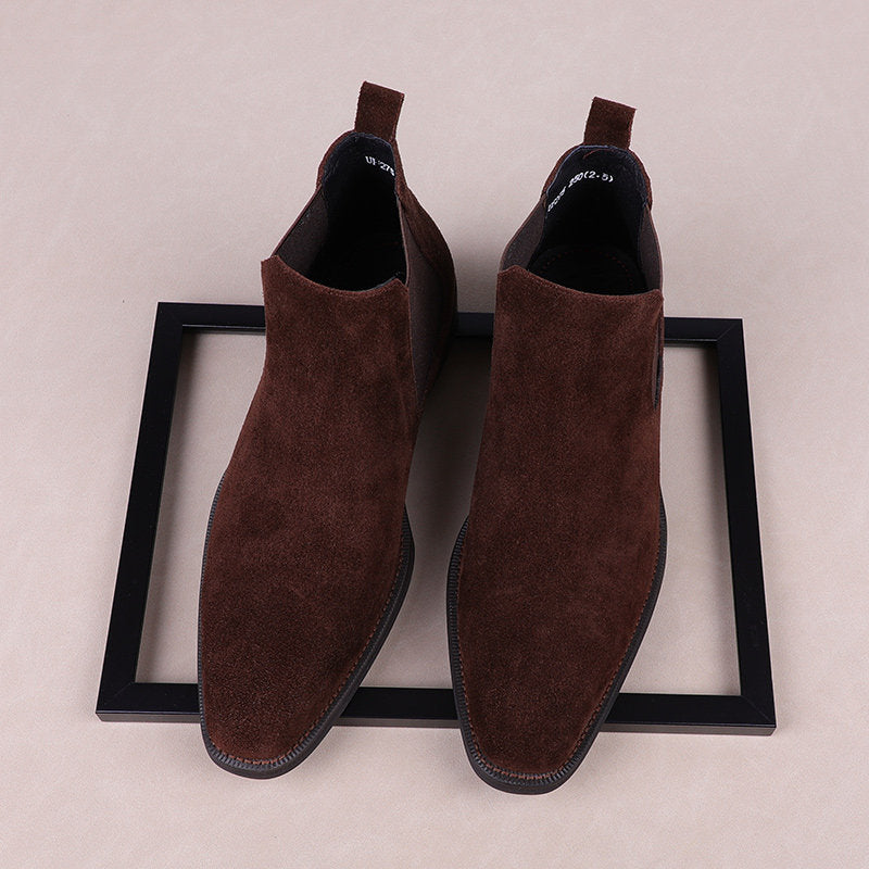 Dark brown suede Chelsea dress boots with elastic gore and pull tab