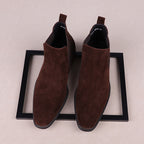 Dark brown suede Chelsea dress boots with elastic gore and pull tab