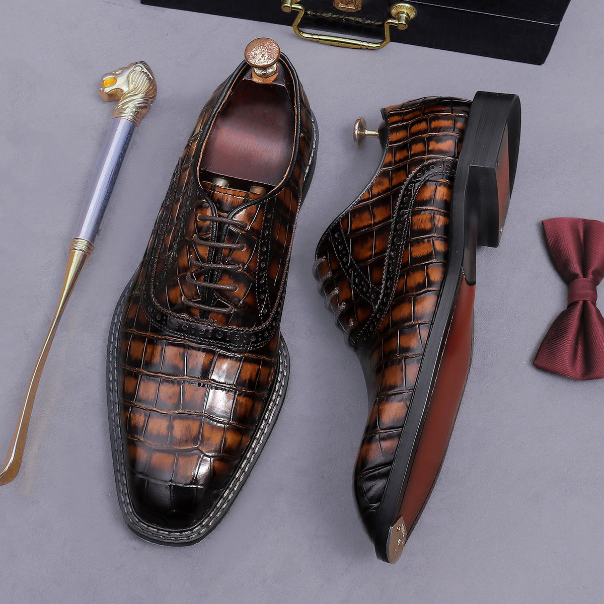 Men's dark brown wingtip brogue oxford shoes with chunky lug sole and lace-up closure