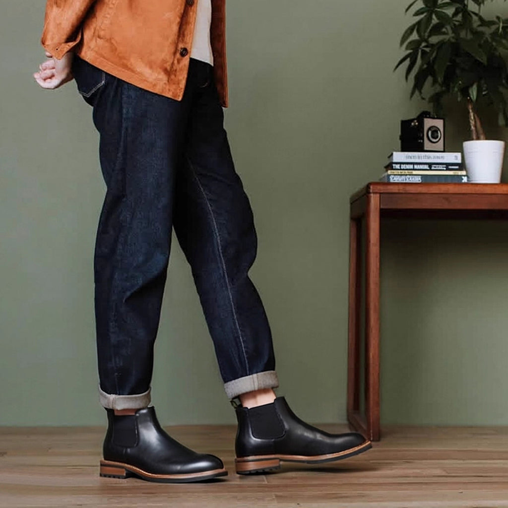 Men's Leather Contrast Welt Lug Sole Chelsea Dress Boots