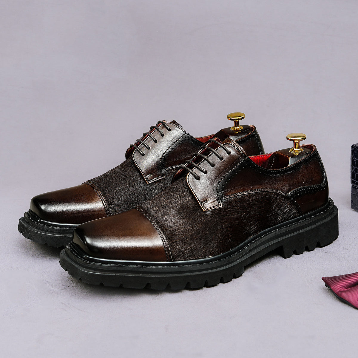 Men's Chunky Lug Sole Cap Toe Haircalf Leather Derbies