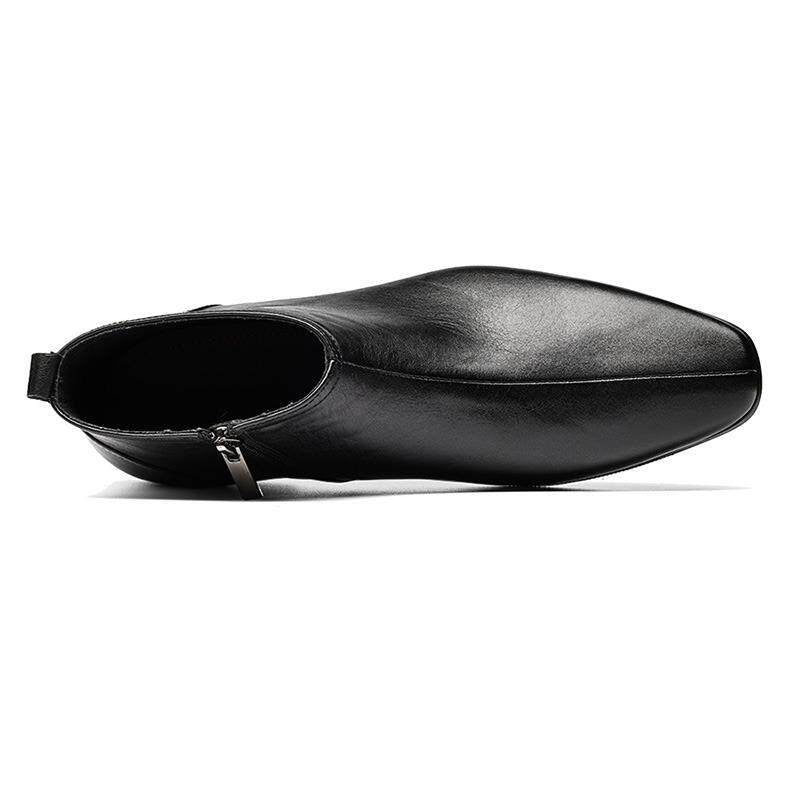 Black leather ankle boot with side zipper detail and open collar lining.