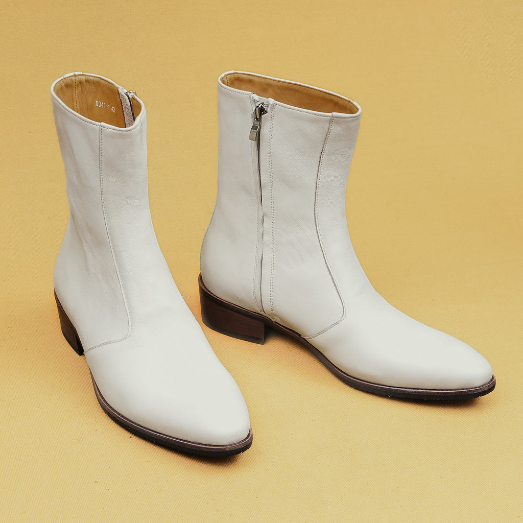Men's white leather side-zip dress boots with thick sole and low stacked heel