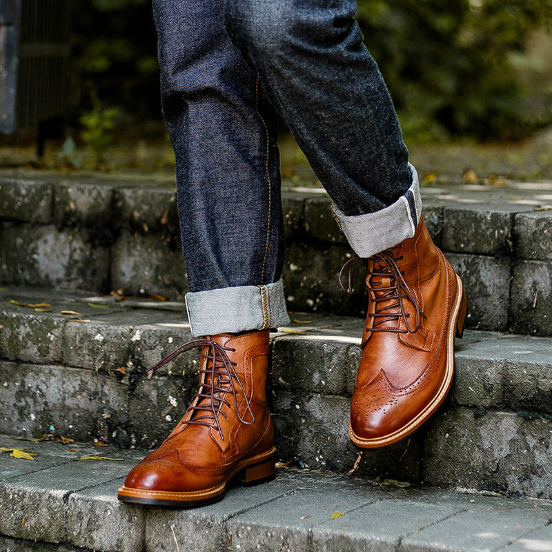 Wingtip Brogue Leather Lug Sole Boots for Men