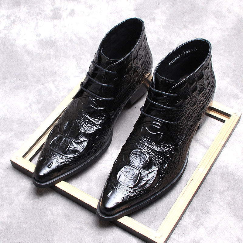 Men's black wingtip brogue lace-up dress boots, paired view with textured finish