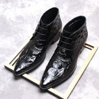 Men's black wingtip brogue lace-up dress boots, paired view with textured finish