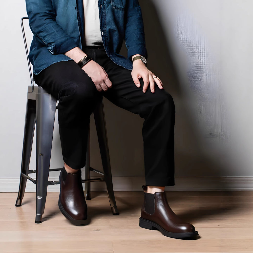 Men's Leather Plain Toe Elastic Gore Chelsea Dress Boots