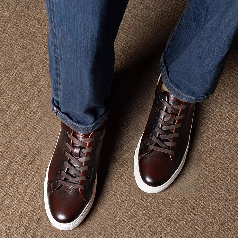 Men's dark brown leather lace-up sneakers with white rubber sole