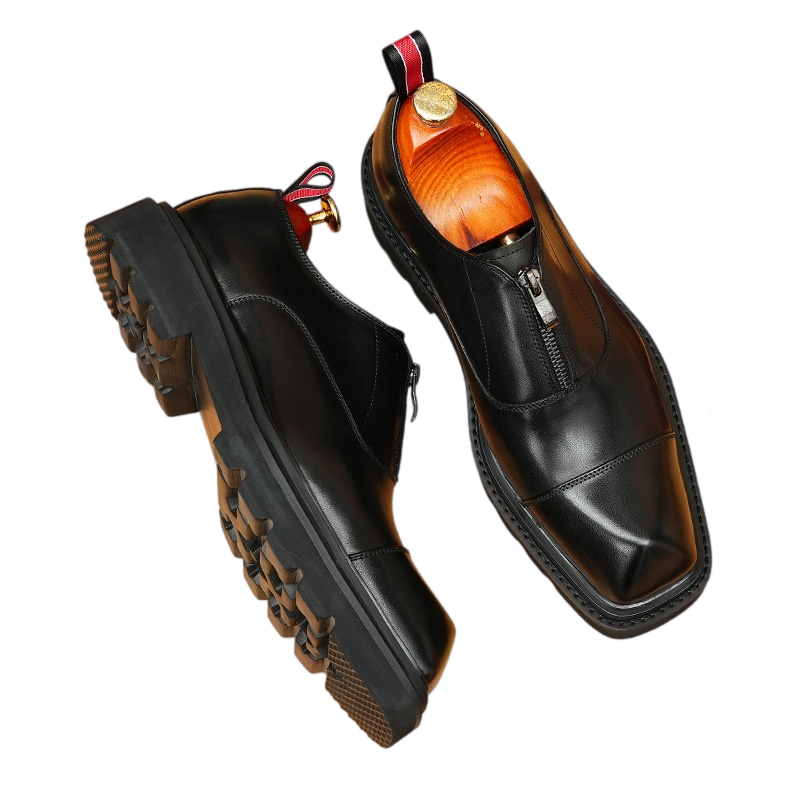 Men's Square Toe Zipper Chunky Sole Leather Loafers