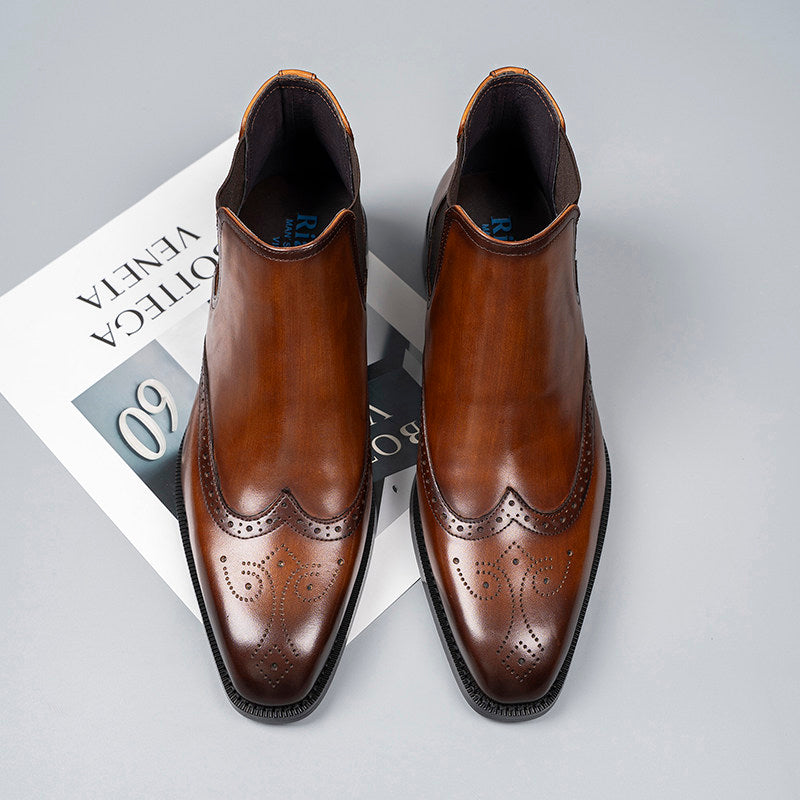 Brown genuine leather chelsea dress boots with brogue perforations and elastic side