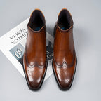 Brown genuine leather chelsea dress boots with brogue perforations and elastic side