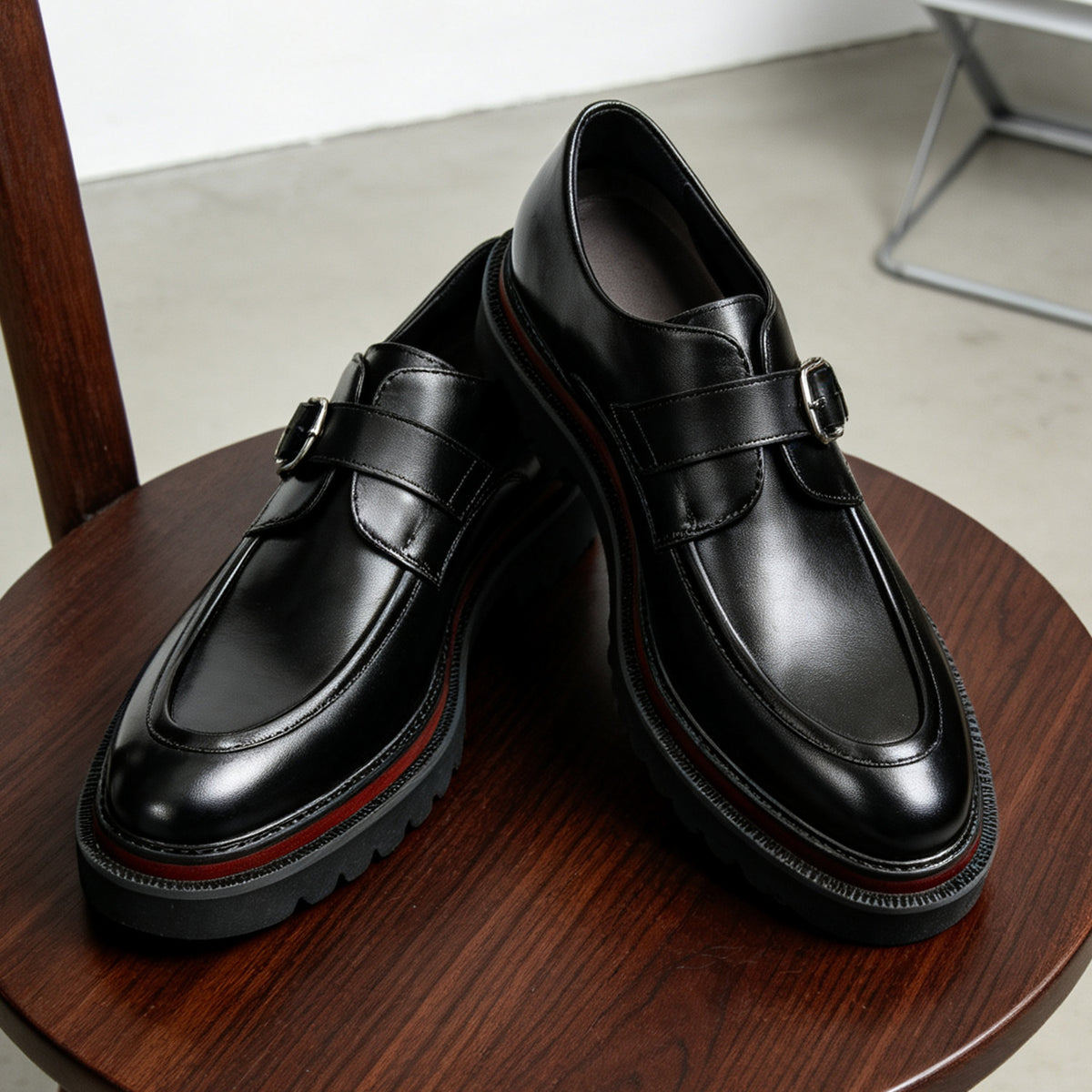 Men's Black White Pointed Toe Single Monk Strap Leather Shoes