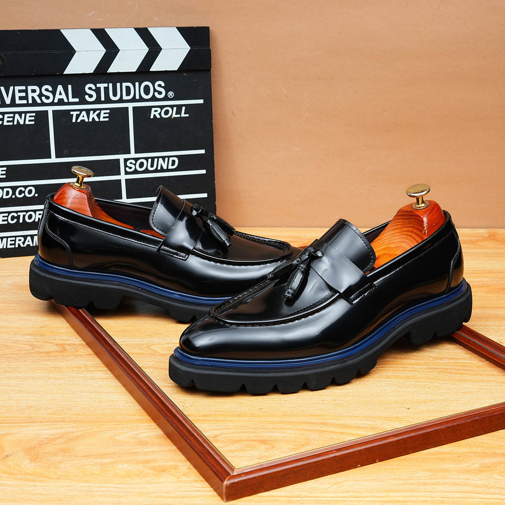Men's Glossy Contrast Trim Tassel Leather Loafers