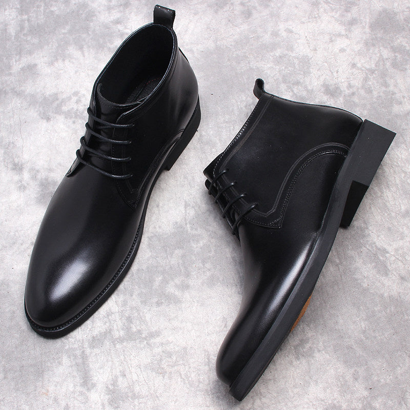 Black lace-up ankle boots with side gore panel and block heel
