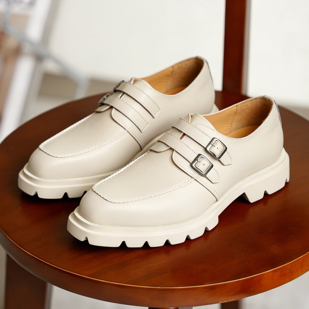Men's White Beige Pointed Toe Chunky Double Monk Shoes