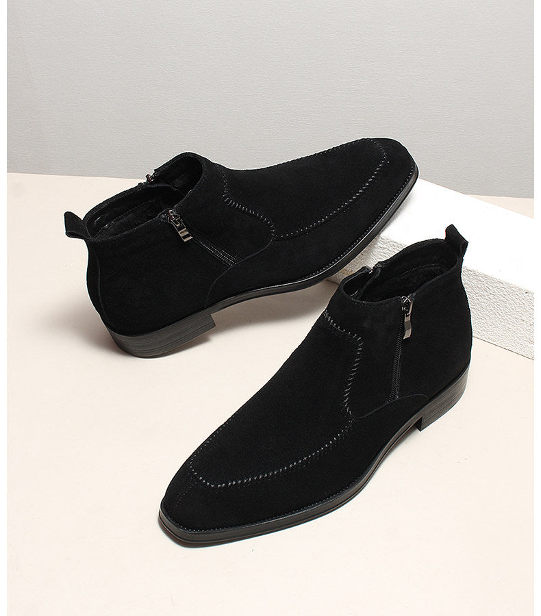 Black suede side-zip ankle boots, thick sole, cushioned look with pull tab at top