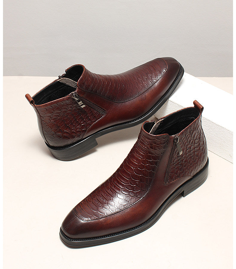 Men's burgundy leather ankle boots, side-zip style with thick sole
