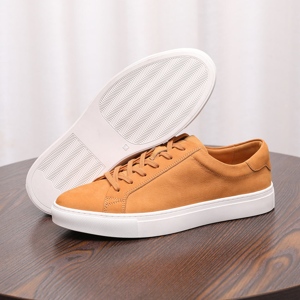 Men's leather sneakers, tan suede, lace-up with visible treaded outsole
