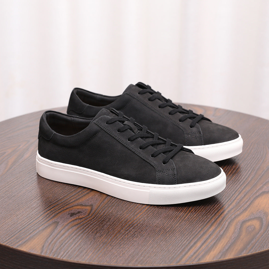Men's leather sneakers, black, lace-up low-top with white rubber sole
