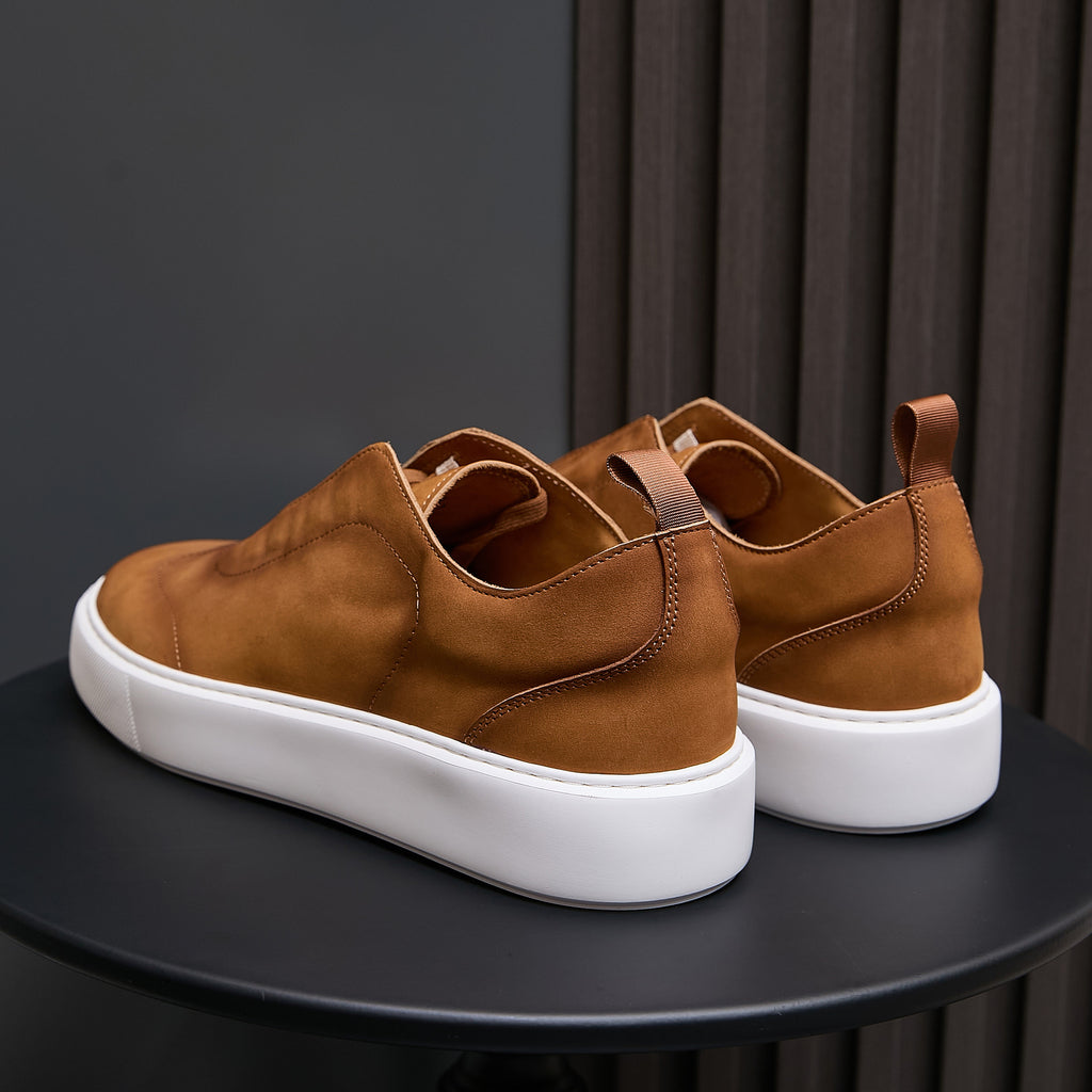 Men's genuine leather sneakers, brown pair with white sole and back heel collar