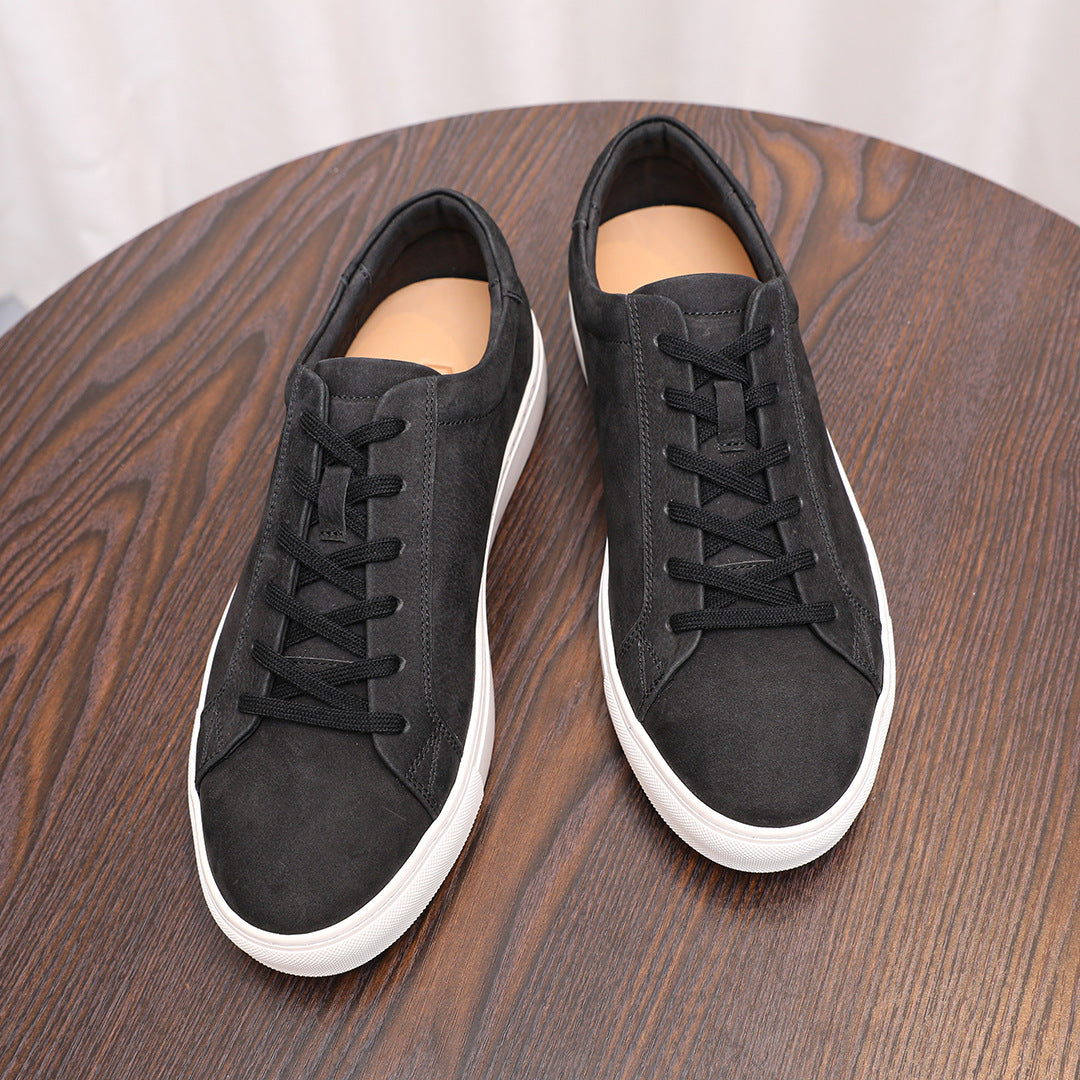 Men's genuine leather sneakers in dark suede with black laces and white rubber sole