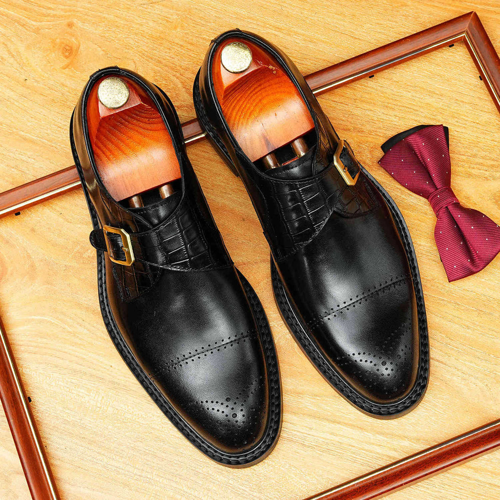 Men's Cap Toe Single Monk Strap Pointed Leather Shoes