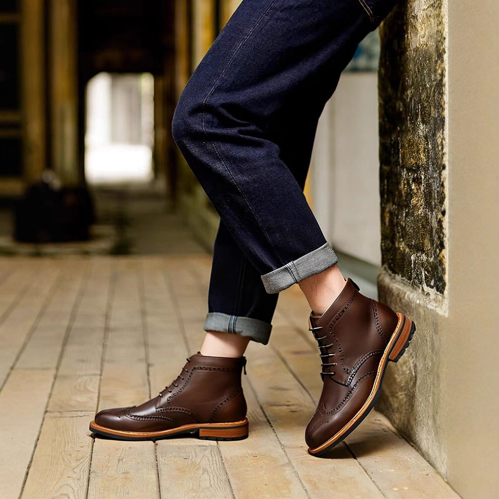 Men's Leather Wingtip Brogue Back-Zip Ankle Dress Boots
