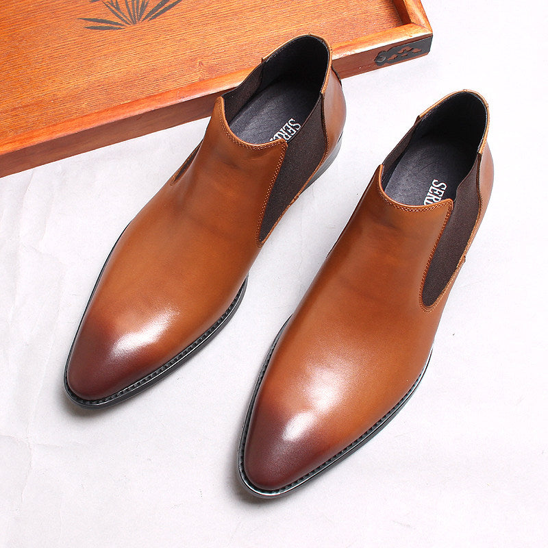 Men's genuine leather Chelsea dress boots, brown, slip-on with elastic side gore