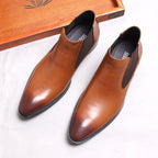 Men's genuine leather Chelsea dress boots, brown, slip-on with elastic side gore