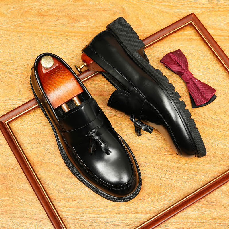 Men's Glossy Round Toe Chunky Sole Tassel Loafers