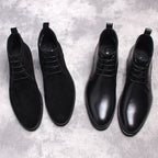 Set of four black lace-up ankle boots showing different angles and rounded toe