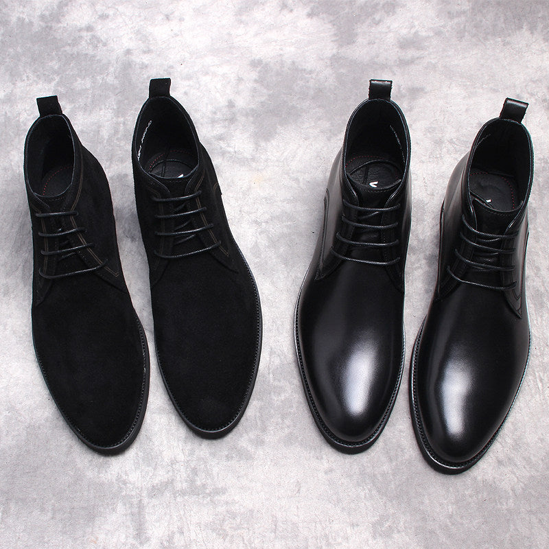 Set of four black lace-up ankle boots showing different angles and rounded toe