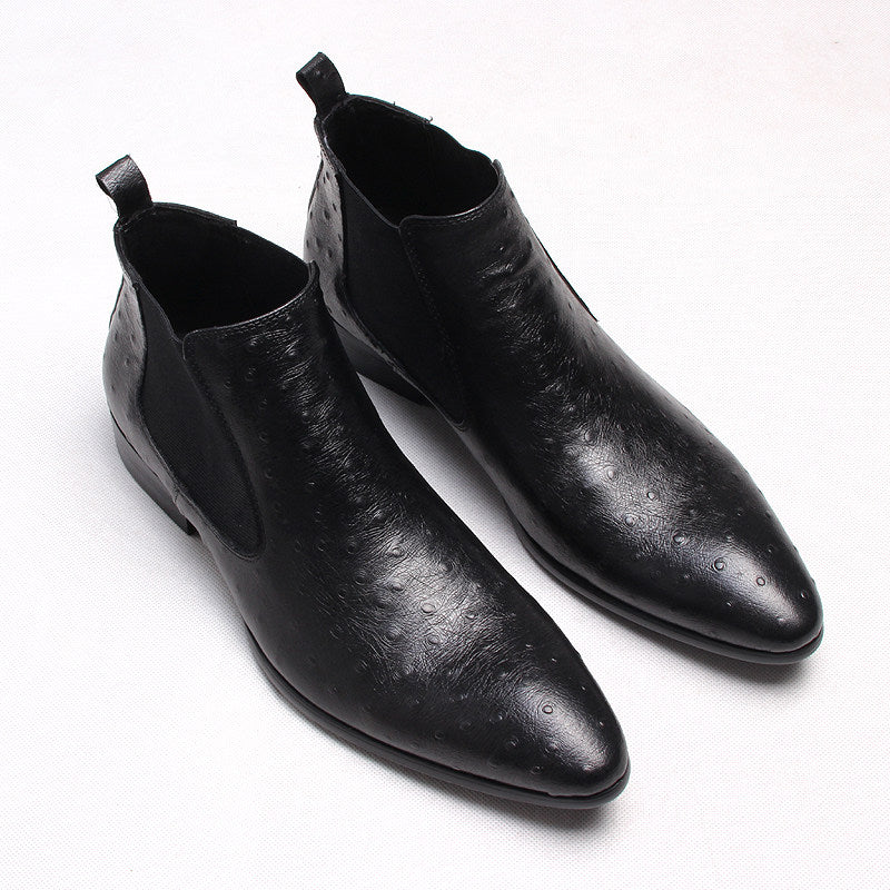 Men's genuine leather Chelsea dress boots, black, pointed toe, elastic side panels