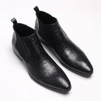 Men's genuine leather Chelsea dress boots, black, pointed toe, elastic side panels