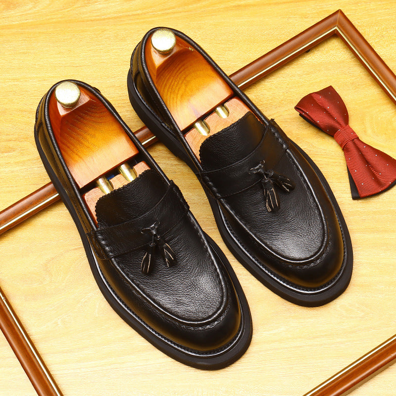 Men's Round Toe Tassel Platform Leather Dress Loafers