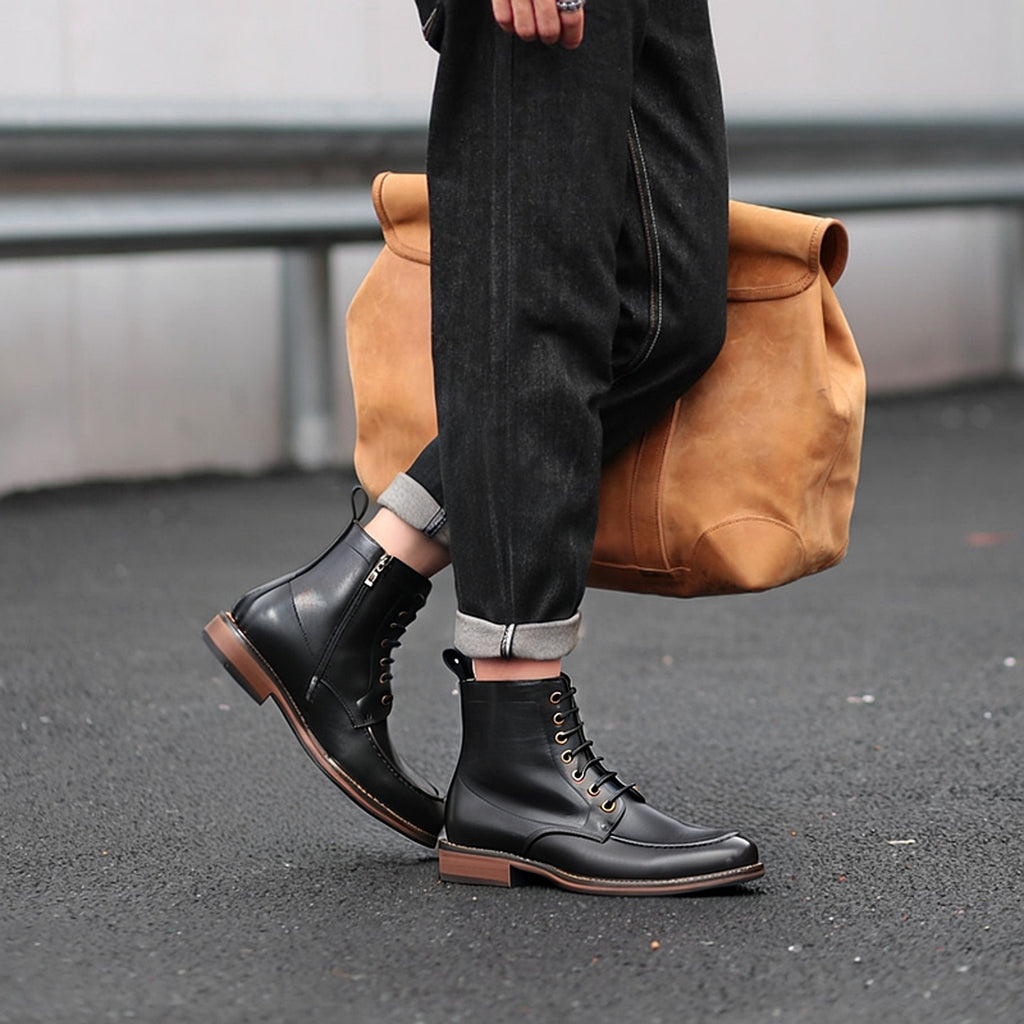 Men's Leather Moc Toe Side-Zip Lace-Up Ankle Boots